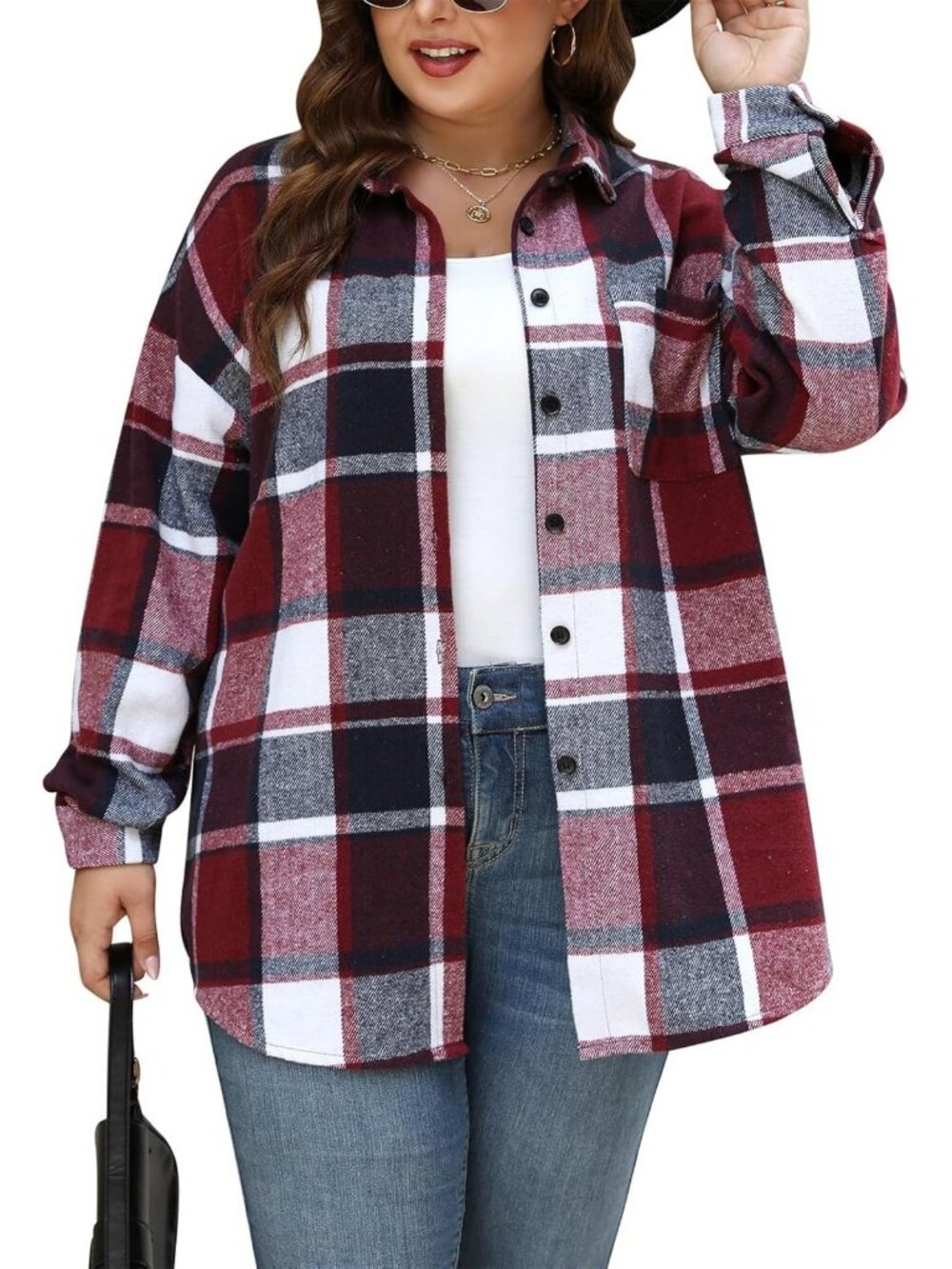 Plus Size Casual Flannel Shirt Jacket for Women - Button Down Plaid Shacket